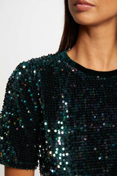 Camiseta manga corta con lentejuelas verde oscuro mujer