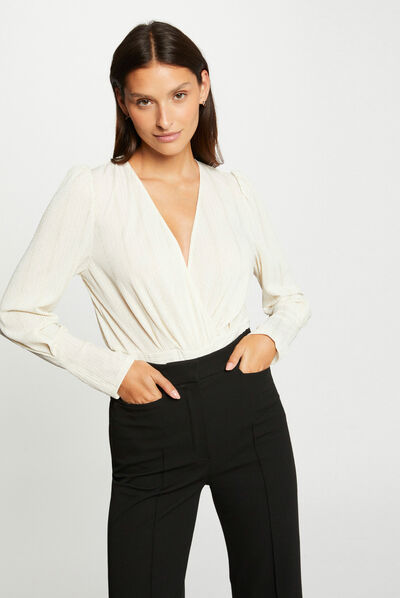 Blusa manga larga con escote cruzado crudo mujer