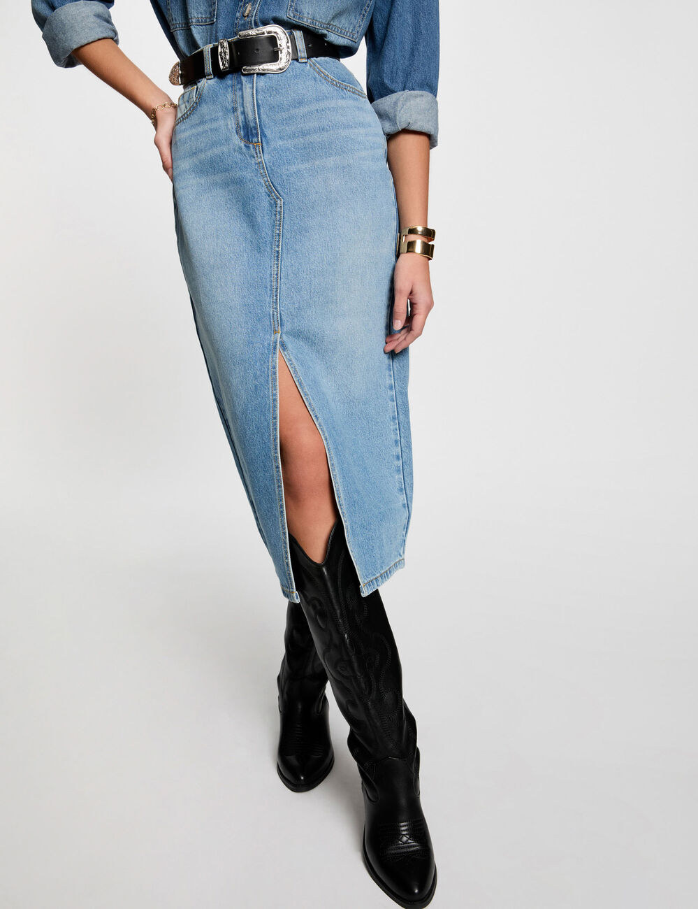 Falda midi recta de vaquero denim stone mujer