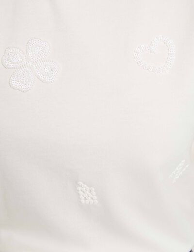 Camiseta bordada cuello redondo blanco mujer