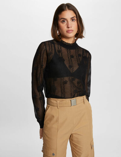 Jersey cuello alto encaje negro mujer