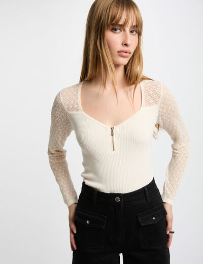 Jersey mangas caladas marfil mujer