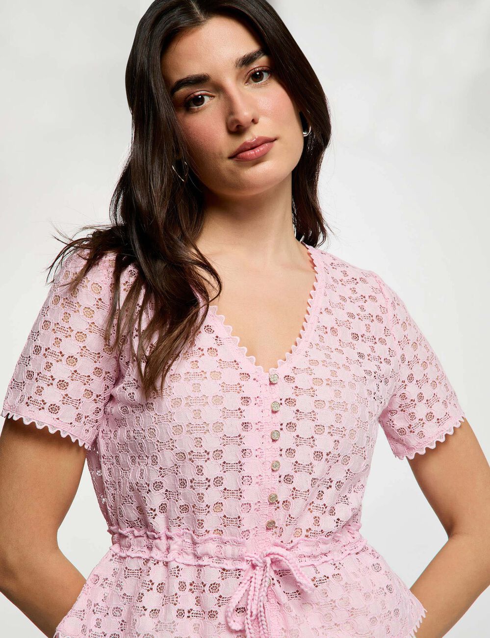 Camiseta manga corta de encaje rosa mujer