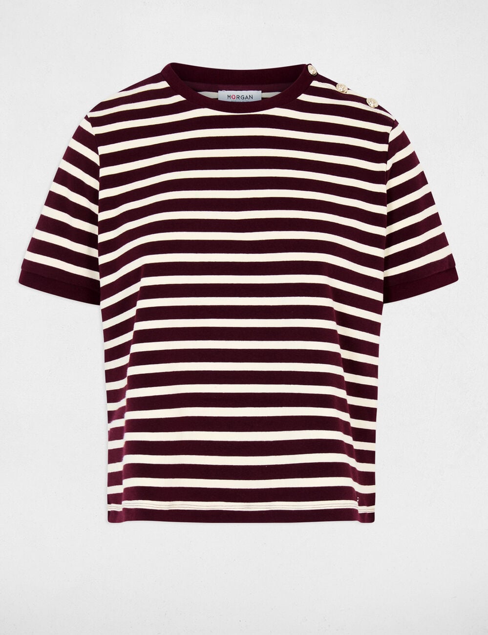 Camiseta de rayas con cuello redondo ciruela mujer