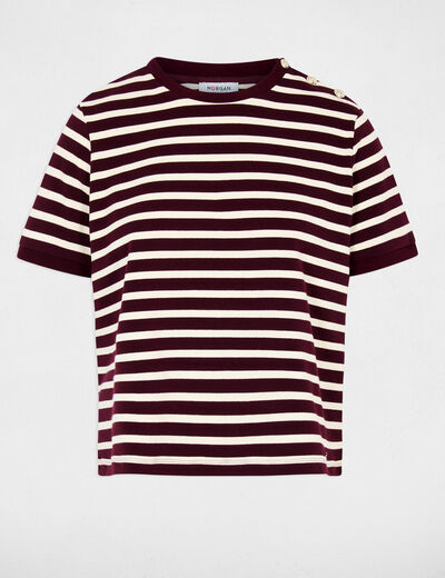 Camiseta de rayas con cuello redondo ciruela mujer
