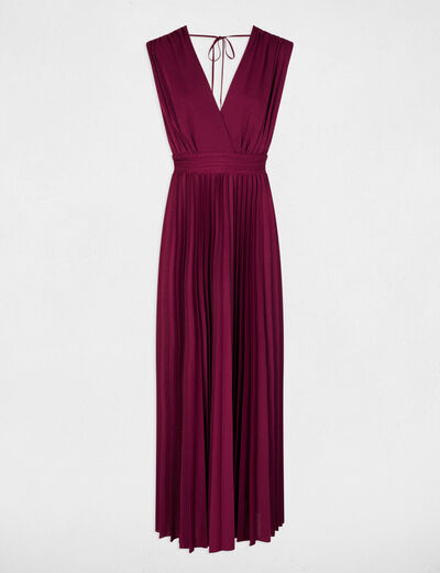 Vestido largo recto plisado ciruela mujer