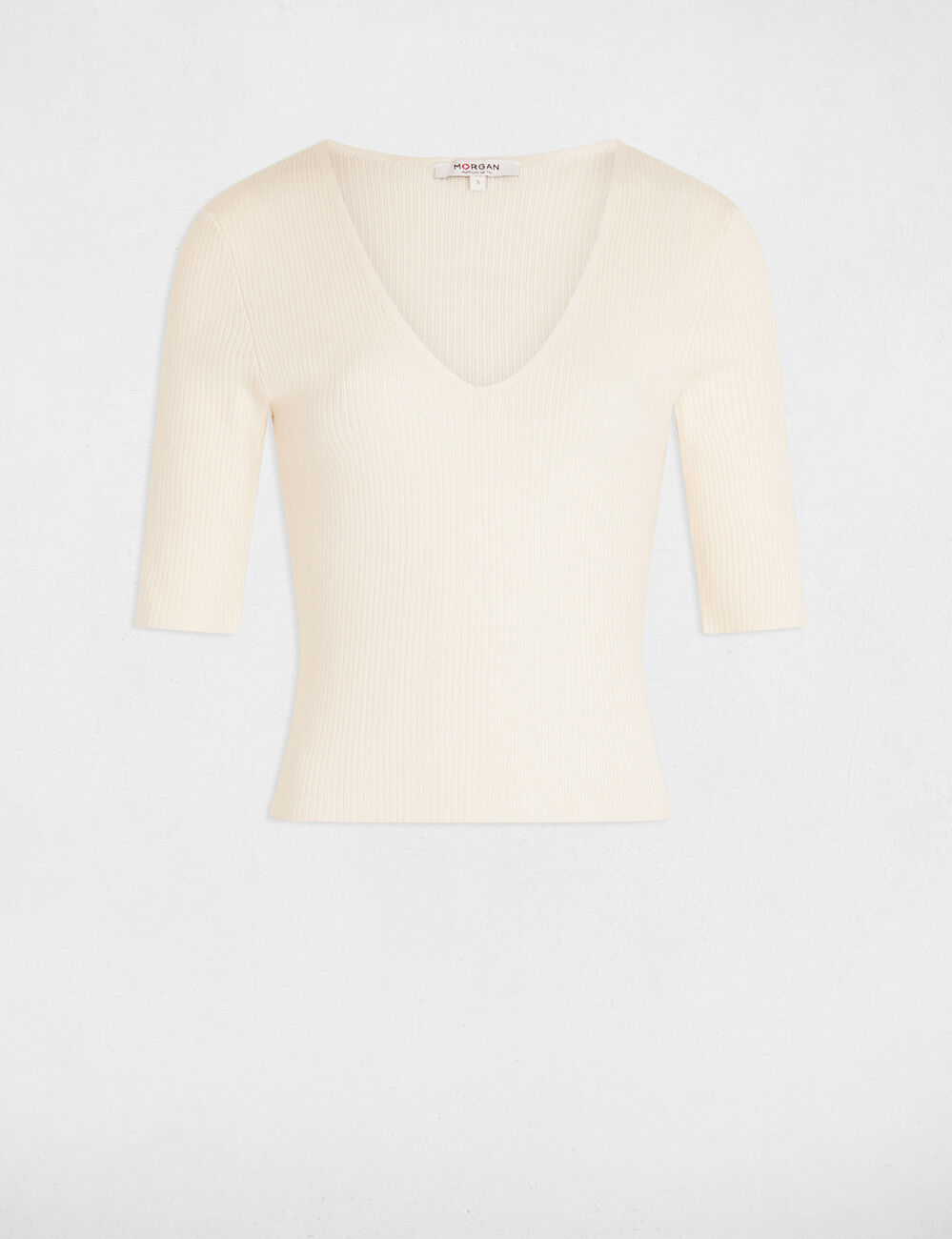 Jersey escote en V marfil mujer