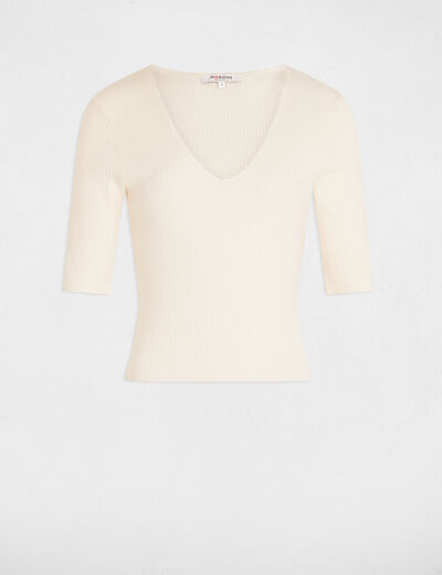Jersey escote en V marfil mujer