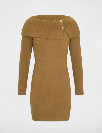 Vestido de punto con cuello bardot c&aacute;mel mujer