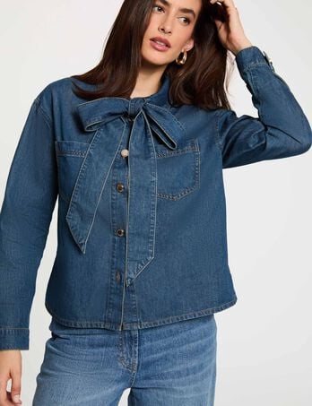 Camisa vaquera con lazada denim stone mujer