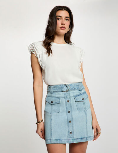 Falda vaquero corta denim descolorido mujer