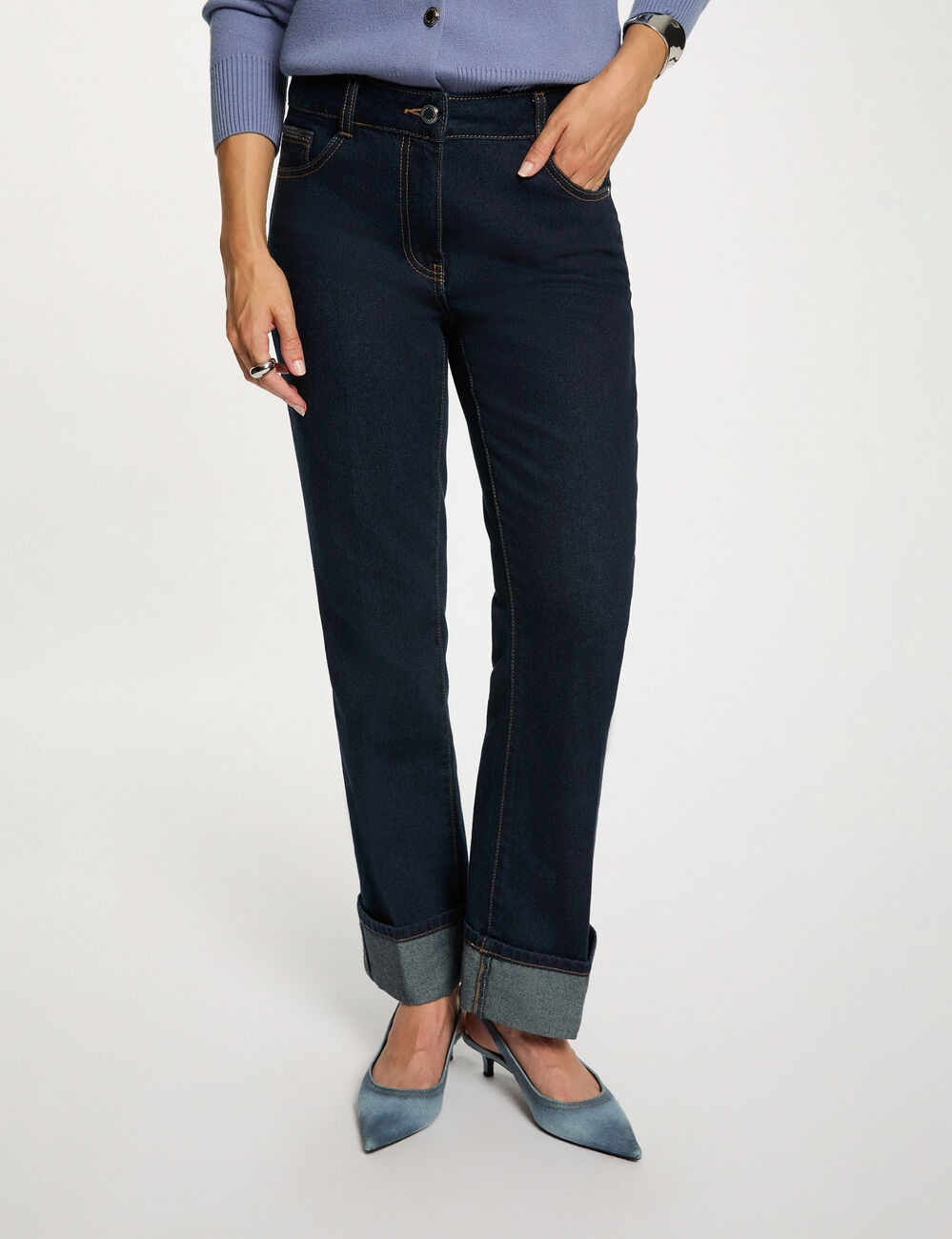 Vaqueros rectos con strass denim crudo mujer