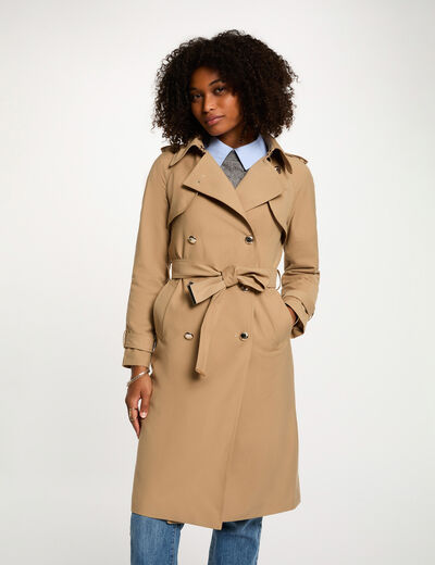 Trench largo con cuello sastre beige mujer