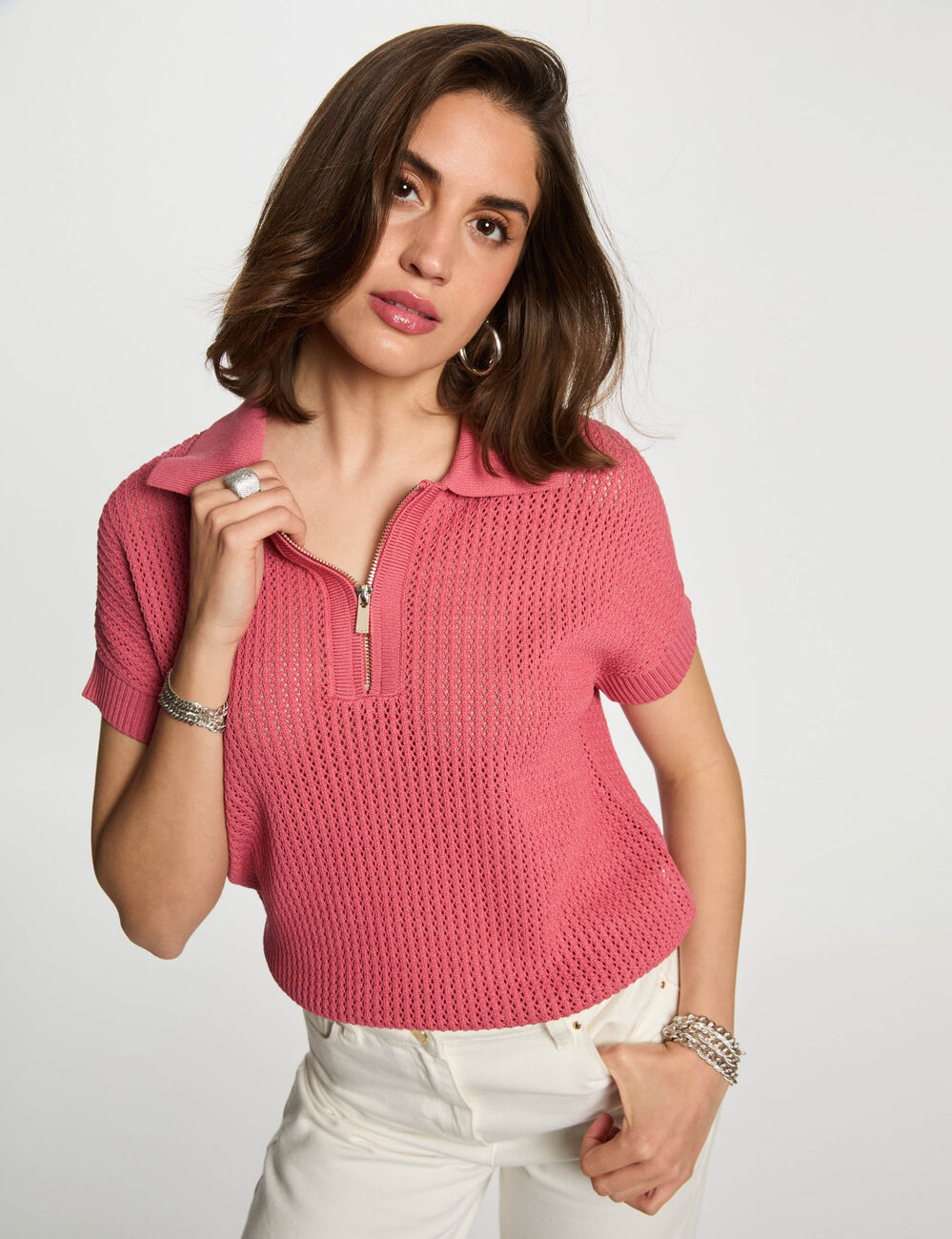 Jersey cuello tipo polo rosa envejecido mujer