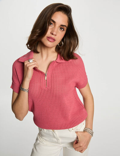 Jersey cuello tipo polo rosa envejecido mujer