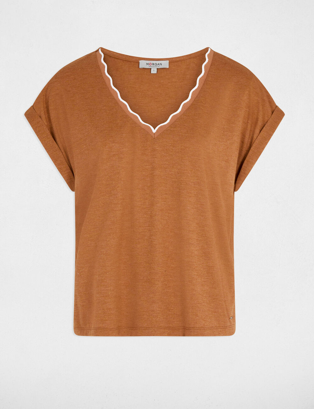 Camiseta cuello v manga corta c&aacute;mel mujer