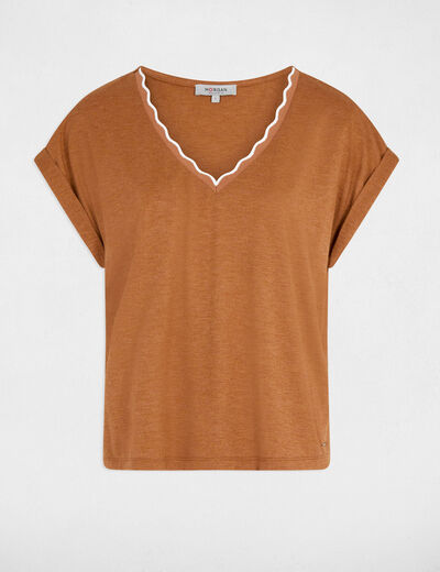 Camiseta cuello v manga corta c&aacute;mel mujer