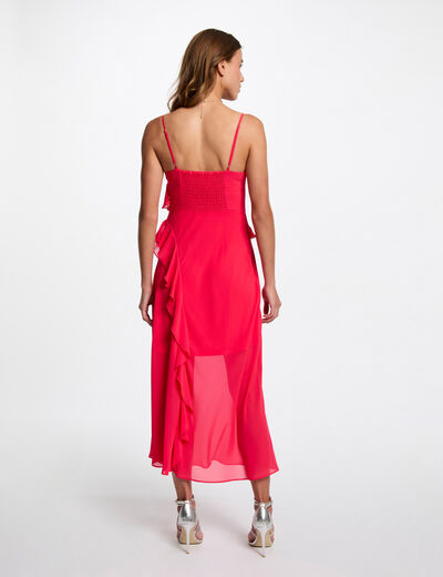 Vestido midi ajustado volantes rosado fucsia mujer