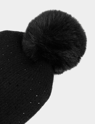 Gorro con strass y pomp&oacute;n negro mujer