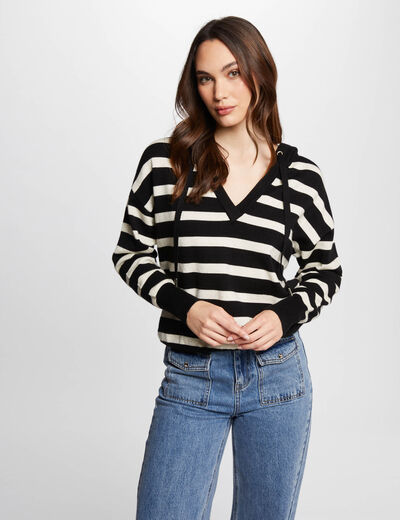 Jersey escote en V y capucha negro mujer