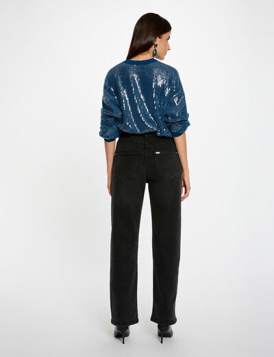 Jersey de lentejuelas cuello redondo azul petr&oacute;leo mujer