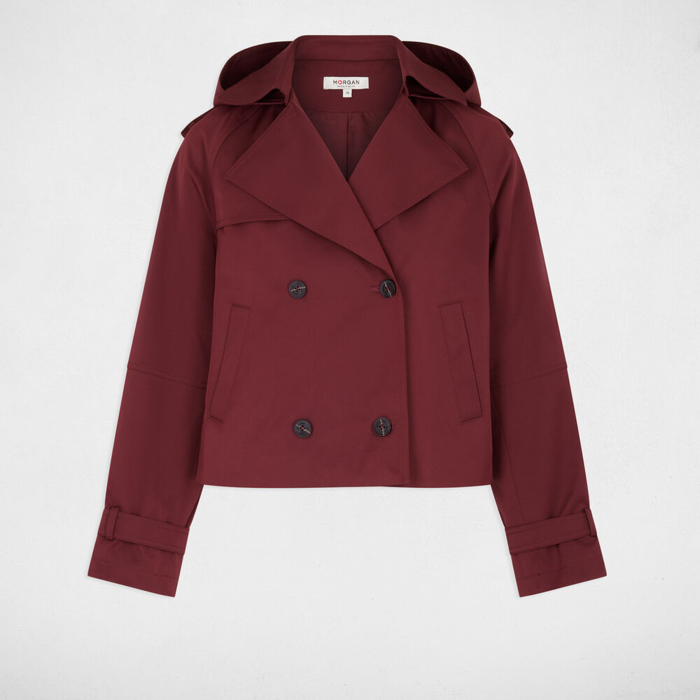 Trench corto con capucha burdeos mujer