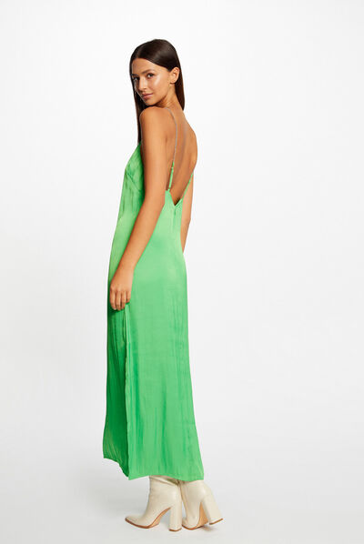Vestido largo acampanado de satén verde claro mujer
