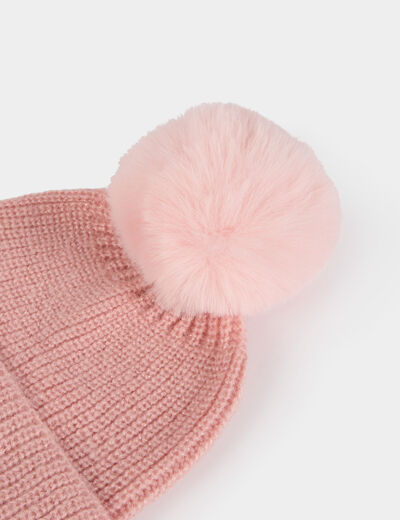 Gorro con pompon rosado polvoriento mujer