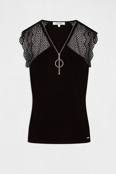 Camiseta manga corta con encaje negro mujer