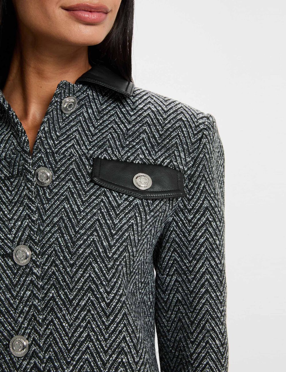 Chaqueta de tweed recta negro mujer
