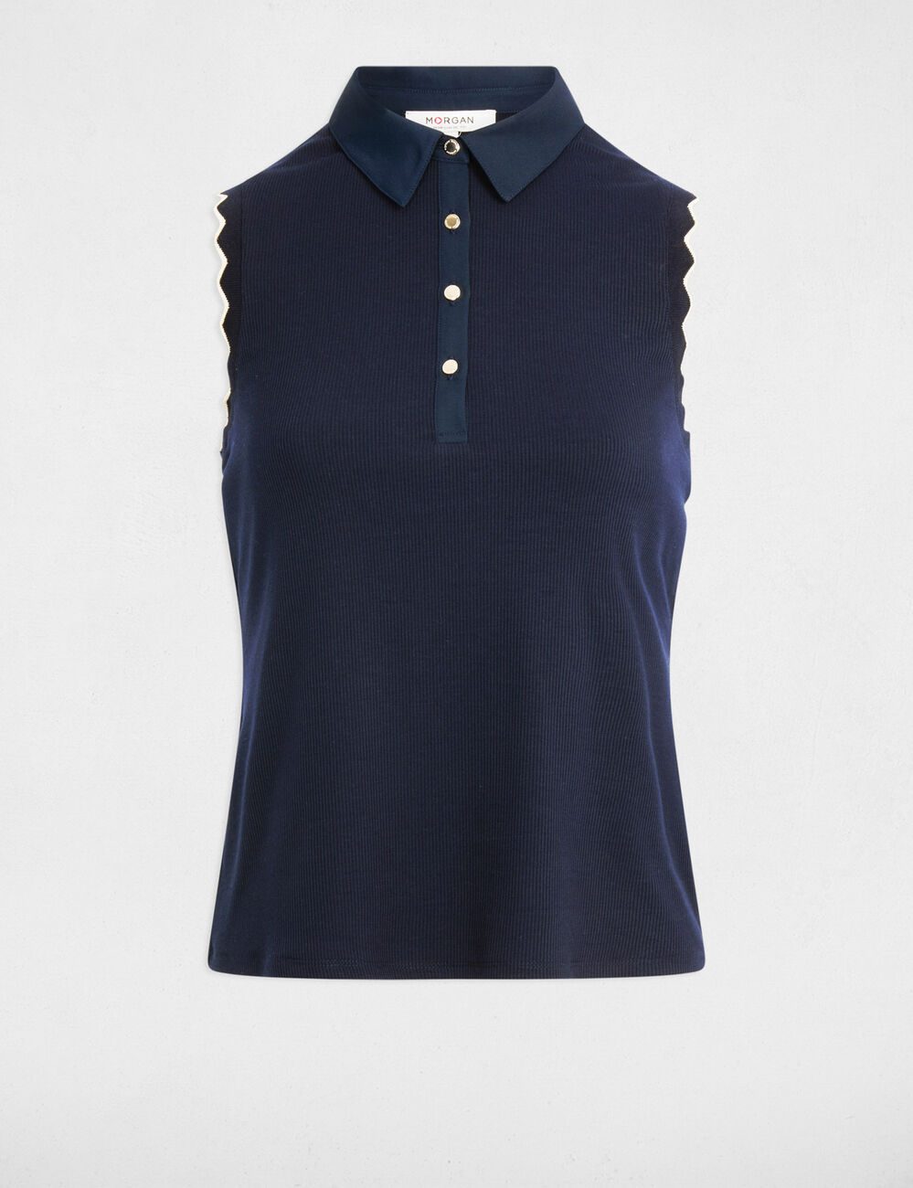 Top sin mangas con cuello solapa azul marino mujer