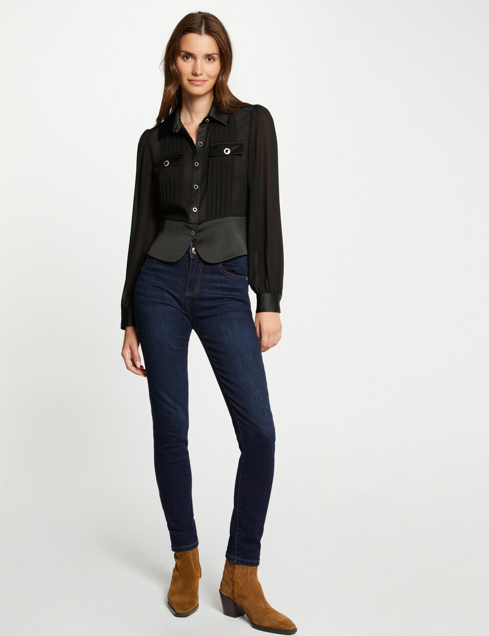 Camisa manga larga con pliegues negro mujer
