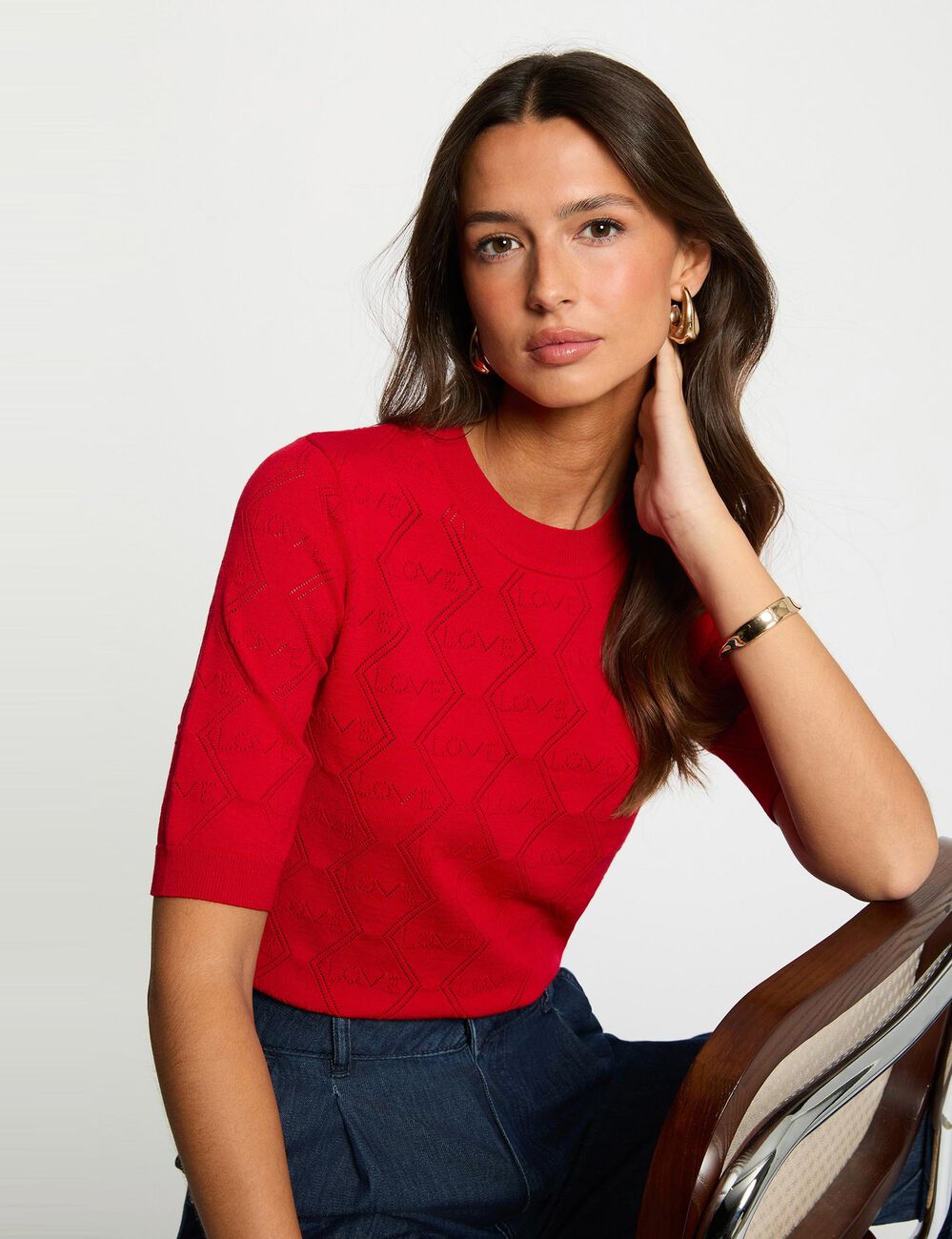 Jersey calado mangas 3/4 rojo mujer