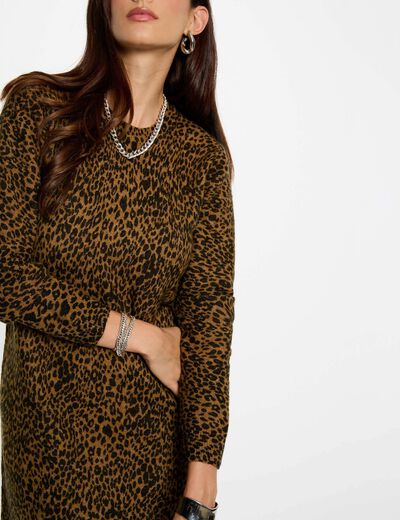Vestido de punto estampado animal c&aacute;mel mujer