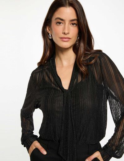 Camiseta corta con cuello lazada negro mujer