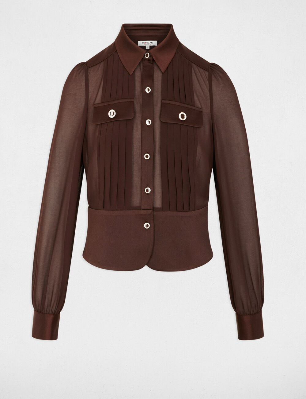 Camisa manga larga con pliegues marr&oacute;n oscuro mujer