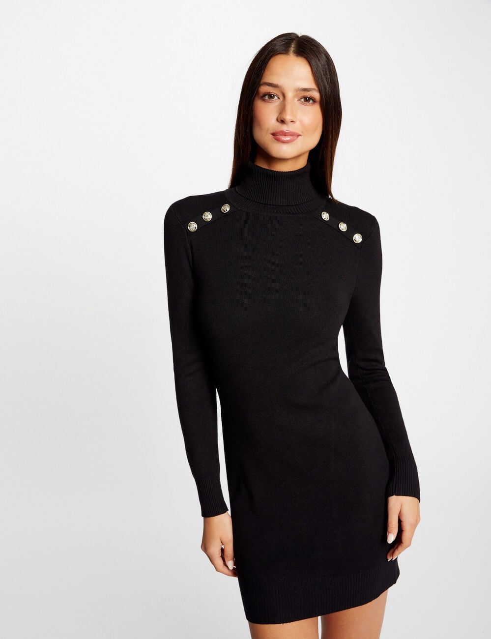 Vestido de punto ajustado cuello tortuga negro mujer