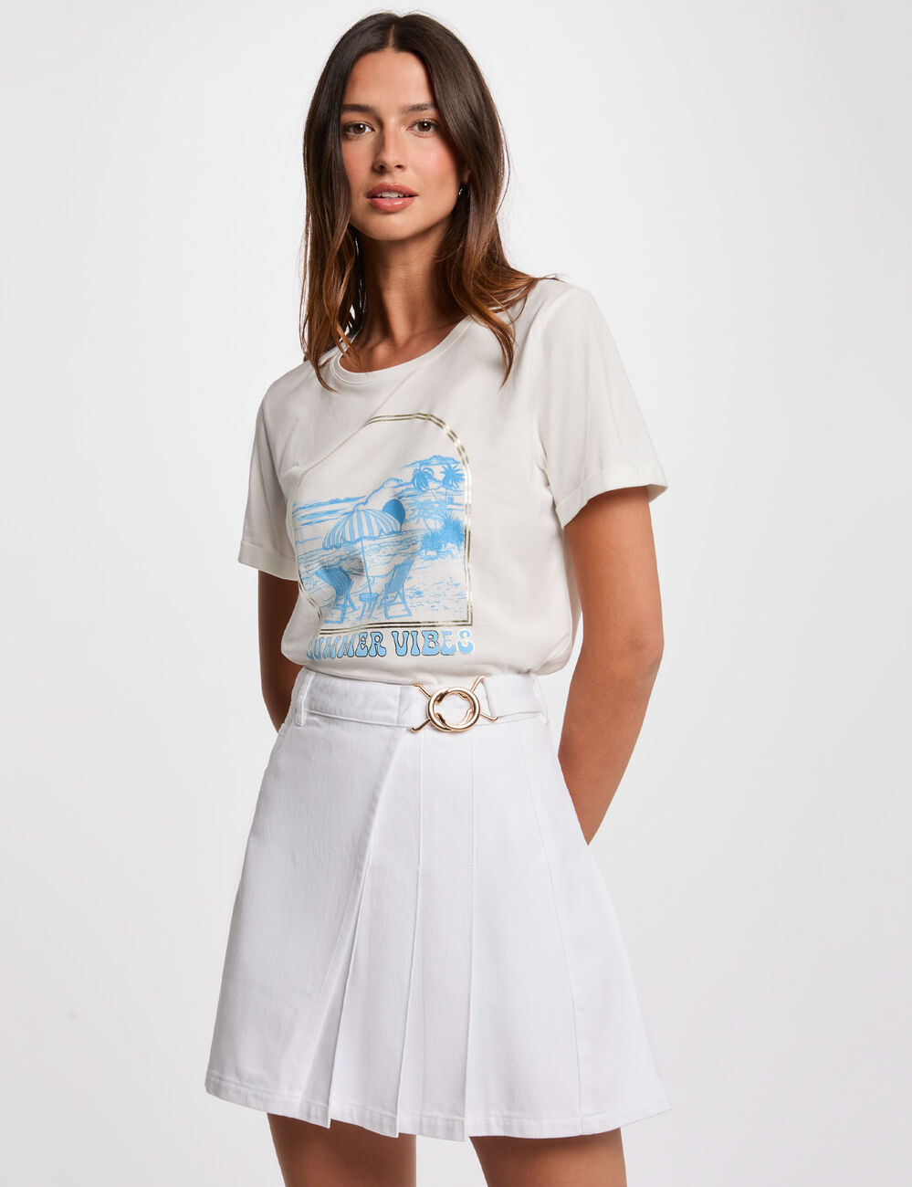 Falda vaquera plisada blanco mujer