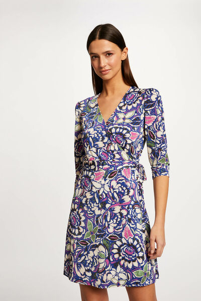 Vestido cruzado con estampado vegetal multicolor mujer