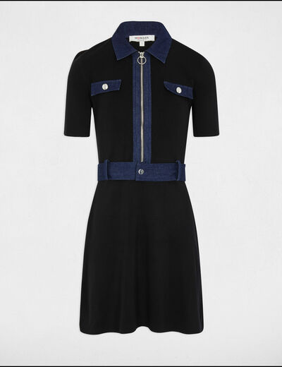 Vestido punto corto evasé negro mujer