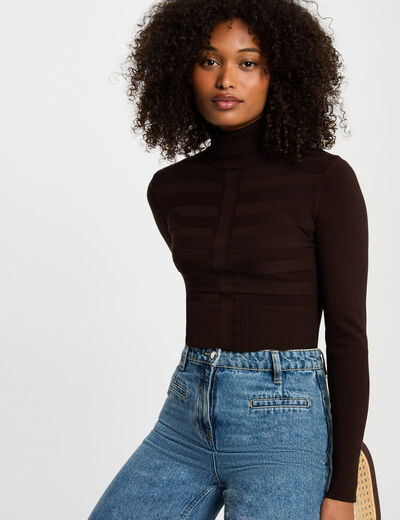 Jersey de cuello alto ajustado marr&oacute;n oscuro mujer