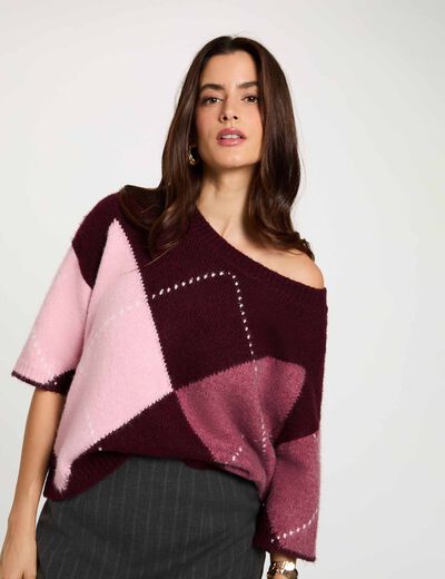 Jersey jacquard cuello redondo ciruela mujer