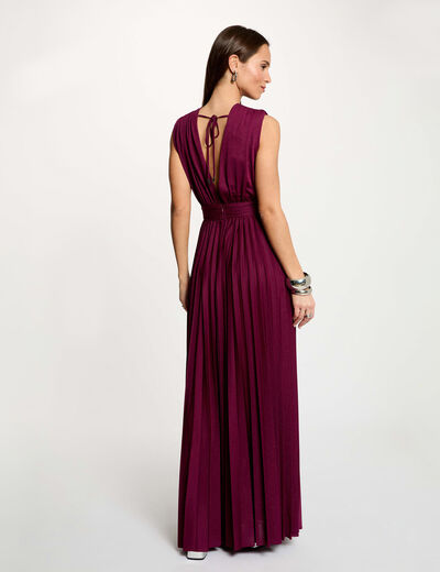 Vestido largo recto plisado ciruela mujer