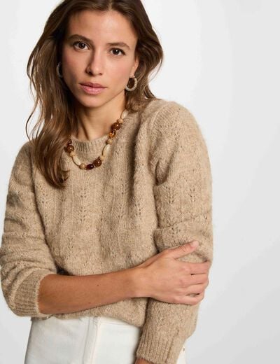 Jersey calado con cuello redondo beige mujer