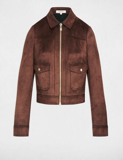 Chaqueta corta antelina marr&oacute;n oscuro mujer