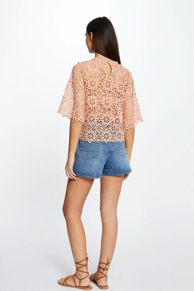 Blusa manga corta con encaje  mujer