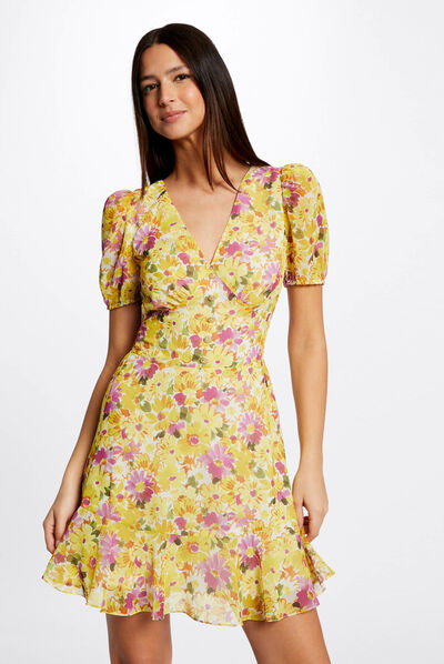 Vestido evasé volantes estampado floral multicolor mujer
