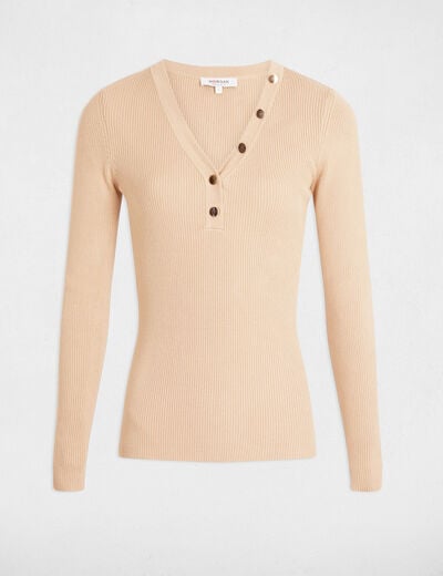 Jersey ajustado con cuello en V marron clair mujer