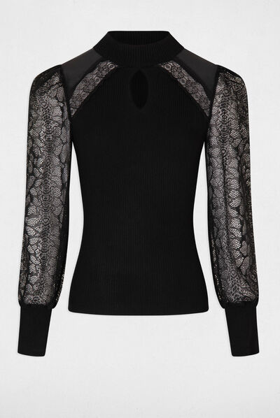 Jersey manga larga con encaje negro mujer