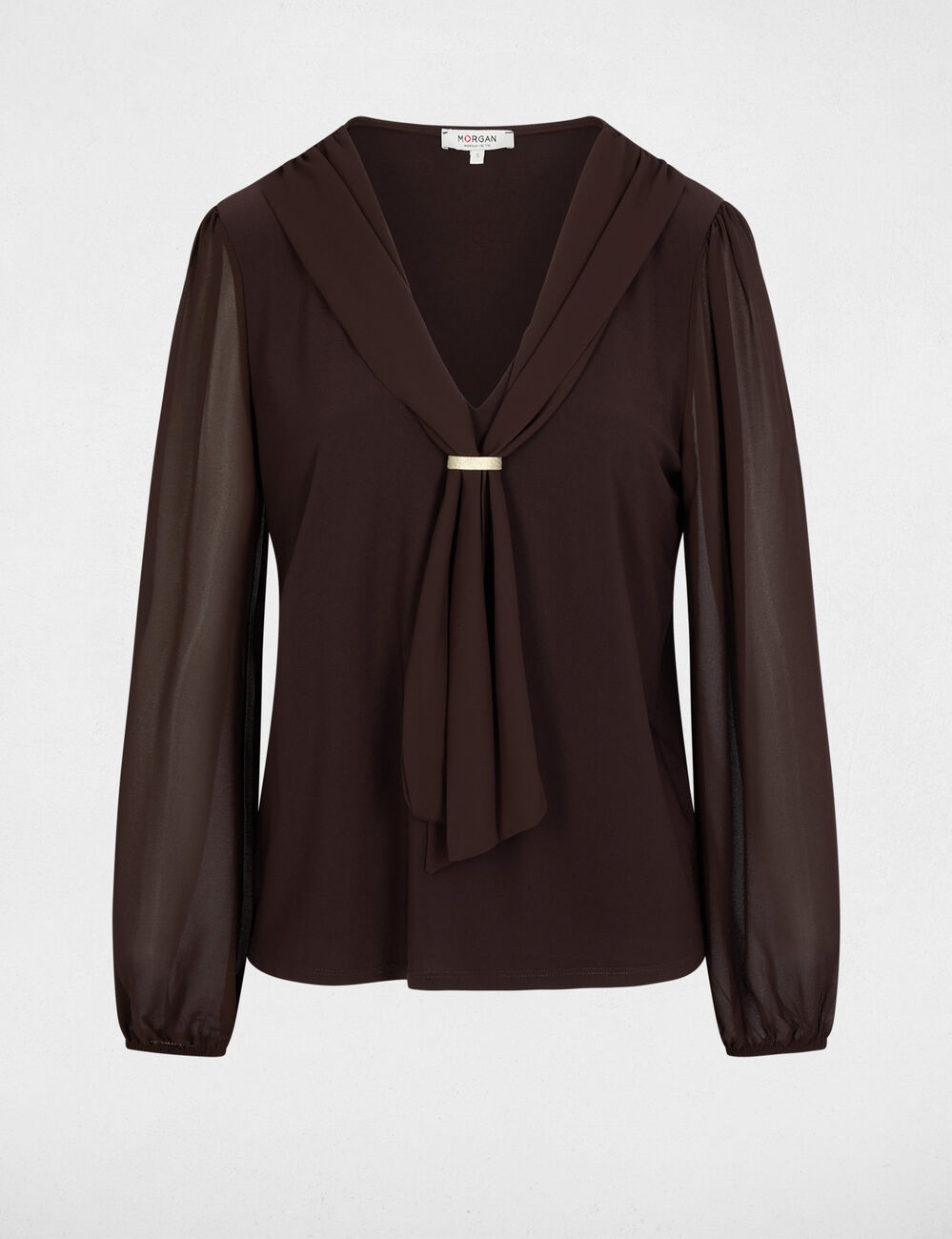 Camiseta de voile con cuello lazada marr&oacute;n oscuro mujer